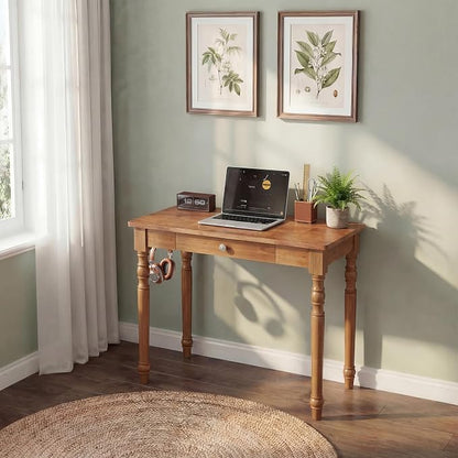 100% Solid Wood Desk with Drawers, 31 x 16 Inch Narrow Mid Century Modern Desk, Vintage Small Wooden Writing Table for Small Spaces Bedroom, Living Room, Office