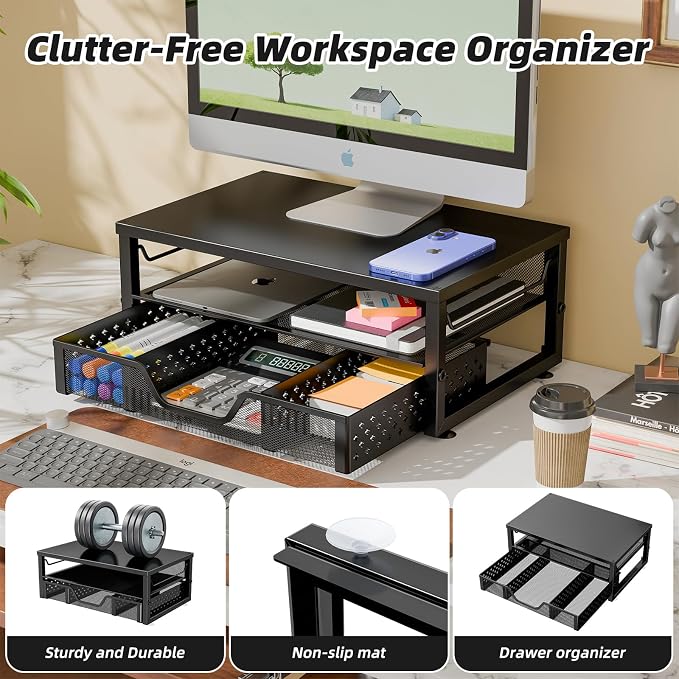 Simple Trending Monitor Stand Riser with Drawer, Black for Home Office | Metal 2-Tier Monitor Stand with Hidden Drawer | Ergonomic Neck Support | Desk Organizer | Space Saving | Fast Setup