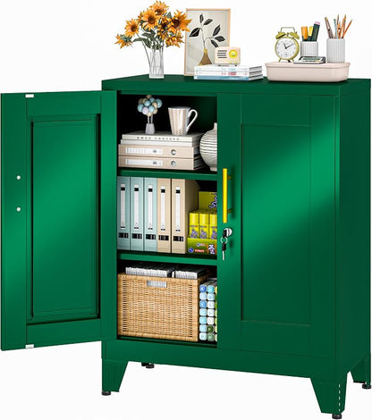 36" Metal Storage Cabinet with Lock,Steel Locker Organizer, Office File Cabinet with 2 Doors and 2 Adjustable Shelves,Outdoor Tool Garage Cabinets for Home Office,Gym,School,Warehouse(Green)