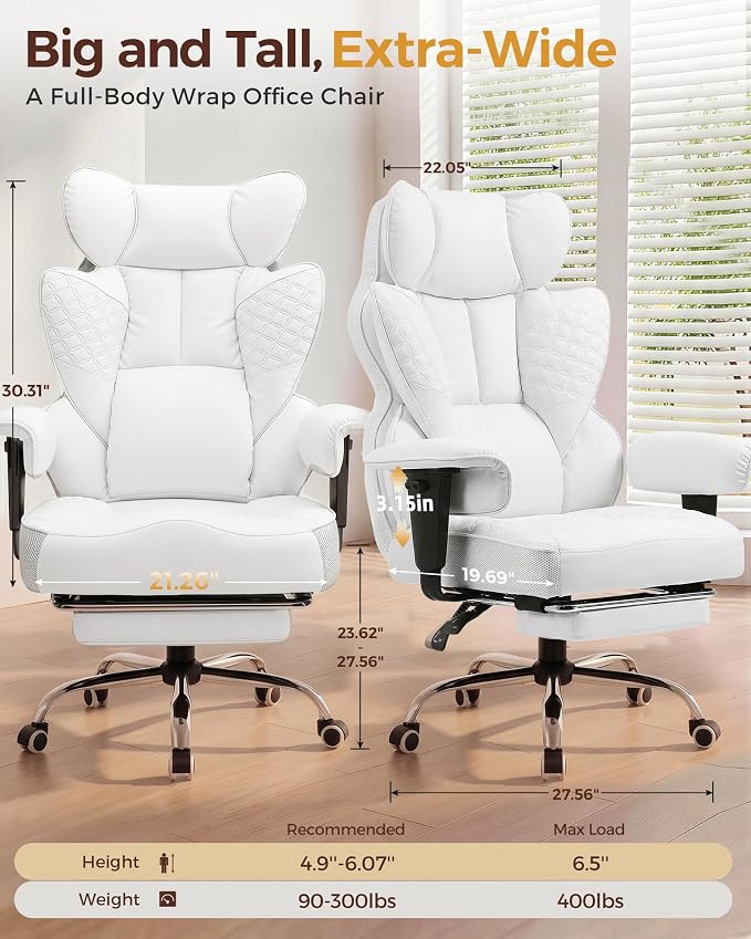 COMHOMA Big and Tall Office Chair Heavy Duty Gaming Chair with Deluxe Embossing Leather High Back Wider Ergonomic Computer Chair with Foot Rest 150°Reclining Pocket Spring Lumbar Support