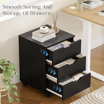 Farini 3-Drawer Under Desk Wooden File Storage Cabinet with Lockable Caster for Home Office,Black,Fully Assembly