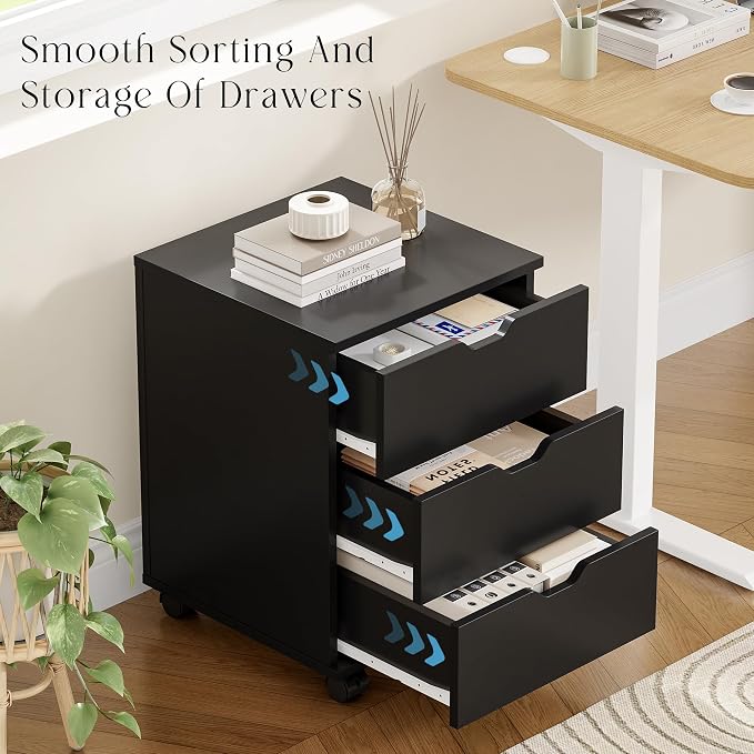 Farini 3-Drawer Under Desk Wooden File Storage Cabinet with Lockable Caster for Home Office,Black,Required Assembly