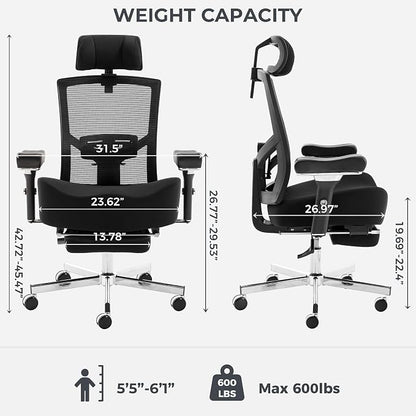 600lbs Big and Tall Office Chair with Wider W-Shaped Thick Seat Cushion, Ergonomic Computer Mesh Desk Chairs for Heavy People, Computer Chair, Adjustable Lumbar Support, 4D Armrests Footrest Headrest