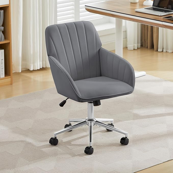 YITAI Velvet Office Desk Armchairs with Silver Base and Wheels,Modern Height Adjustable 360 Degree Swivel Upholstered Vanity Chairs for Living/Room Bedroom/Study,Gray