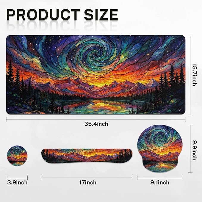 Britimes Mountain Colorful Abstract Keyboard Mouse Pad Set Galaxy Forest 4in1 Large Mousepad+Keyboard Wrist Rest+Mouse Wrist Rest+Coaster Ergonomic Design for Home Office Computer 35.4x15.7 inches
