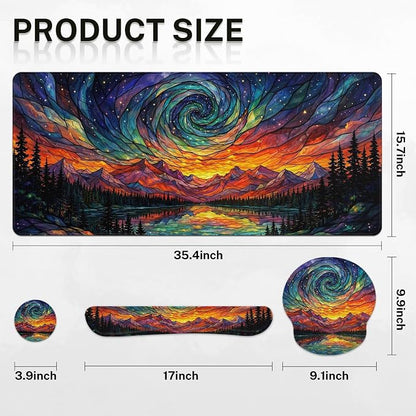Britimes Mountain Colorful Abstract Keyboard Mouse Pad Set Galaxy Forest 4in1 Large Mousepad+Keyboard Wrist Rest+Mouse Wrist Rest+Coaster Ergonomic Design for Home Office Computer 35.4x15.7 inches
