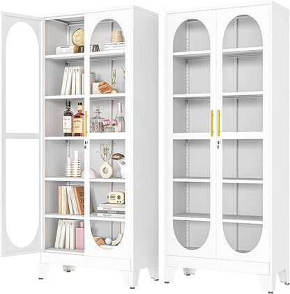 PAOFIN 75" H Locking Display Cabinet with Glass Door, Metal Cabinets with 5 Adjustable Shelves, Cabinet Display Case for Living Room, Collectibles, Clinic, Home - Assembly Required White