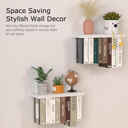 Floating Book Shelves for Wall Set of 2, Unique Wood Hanging Bookshelf | Easy Install Wall Bookshelf with Anti-Tilt Metal Bracket, Floating Bookshelf Storage Display Wall Shelves for Home Decor