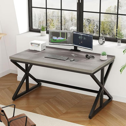 IBF Computer Desk, Industrial PC Laptop Office Desk, Farmhouse Gaming Desk with Spacious Desktop, Rustic Wood Metal Writing Study Work Table for Home Office Bedroom, 47 Inch, Grey Oak