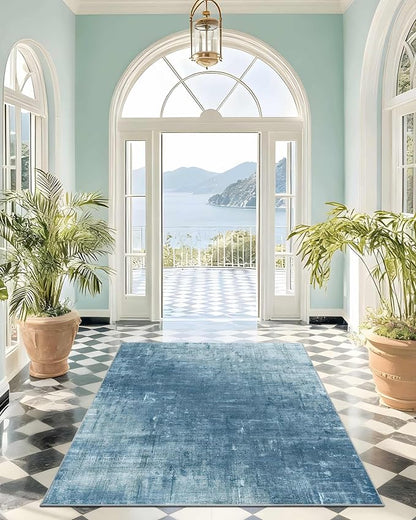Latte&Fog 3x5 Entryway Rug Indoor, Modern Abstract Washable Area Rug, Boho Non Slip Low Pile Throw Carpet for Indoor Bedroom Bedside, Kitchen, Entry and Living Room - Blue