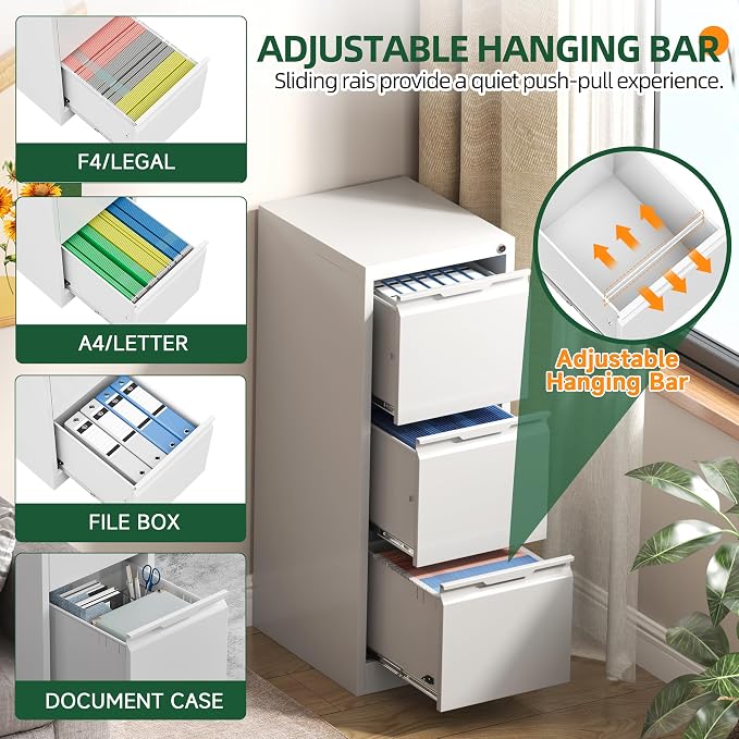 3 Drawer File Cabinet with Lock, Filing Cabinets for Home Office | Lockable File Cabinet, Metal File Cabinet, Heavy Duty File Storage Cabinet for Letter/Legal/A4/F4 Size, Assembly Require