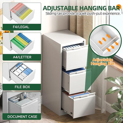 3 Drawer File Cabinet with Lock, Filing Cabinets for Home Office | Lockable File Cabinet, Metal File Cabinet, Heavy Duty File Storage Cabinet for Letter/Legal/A4/F4 Size, Assembly Require
