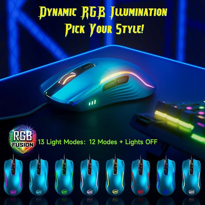 memzuoix Wired Gaming Mouse with RGB - 6 Adjustable DPI up to 12800, 6 Buttons, 12 Lighting Modes, Ergonomic Design with Anti-Slip Rubber Wheel, 5.6ft Braided Cable for PC/Mac/Windows - Blue