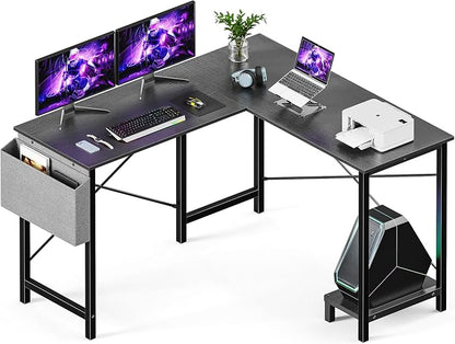 L Shaped Desk Gaming Computer 50 Inch Corner Desks Work Table for Writing Study Student with Wood Tabletop Metal Frame CPU Stand Side Bag for Home Office Small Place, Black