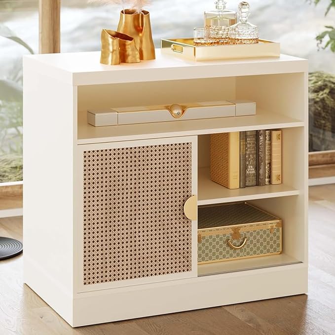 ModernMate Modern Wood Accent Cabinet with Sliding Door, Adjustable Open Shelves & Gold Handle Storage Cabinet for Home Office, 31W*20D*29H, White Rattan