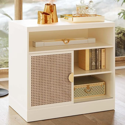 ModernMate Modern Wood Accent Cabinet with Sliding Door, Adjustable Open Shelves & Gold Handle Storage Cabinet for Home Office, 31W*20D*29H, White Rattan
