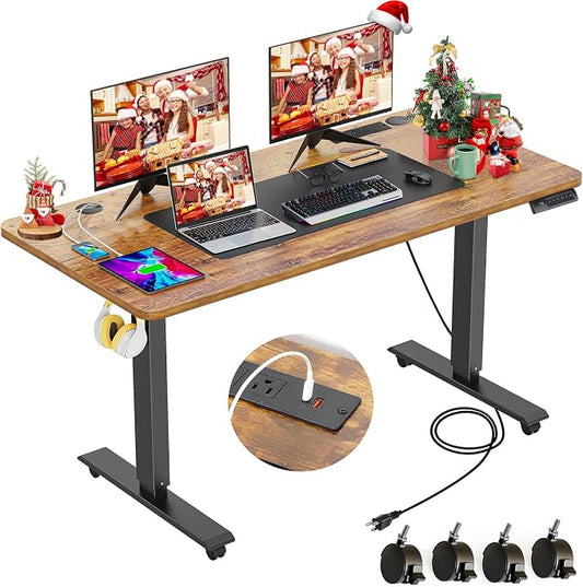 farexon 55 x 24inch Electric Standing Desk Adjustable Height with Power Outlets, Stand up Desk with Wheels,Outlets, Mouse Pad, Preset Heights Home Office Gaming Computer Workstations Table（Brown）