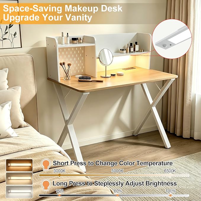 44"×24" White Computer Desk Home Office Gaming Desk with Charging Station Pegboard Motion Sensor Light, Modern Study Desk for Bedroom Living Room Game Kids Room Nursery