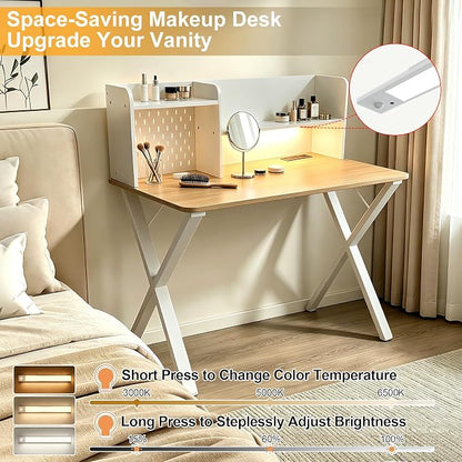 44"×24" White Computer Desk Home Office Gaming Desk with Charging Station Pegboard Motion Sensor Light, Modern Study Desk for Bedroom Living Room Game Kids Room Nursery