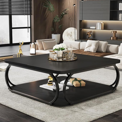 Tribesigns Square Coffee Table with Open Storage Shelf for Living Room, 39 Inch Large Wood Center Table 2 Tier Low Coffee Tables Farmhouse Tea Table with Metal Frame for Home Office, Black