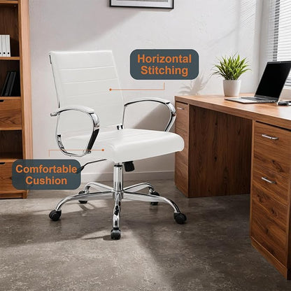 LeisureMod Benmar Leather Office Desk Chair, Mid-Back Ergonomic Swivel Chair with Lumbar Support, Adjustable Height, Tilt Lock, Cushioned Seat & Back, Home Office Task Chair (White, Set of 4)