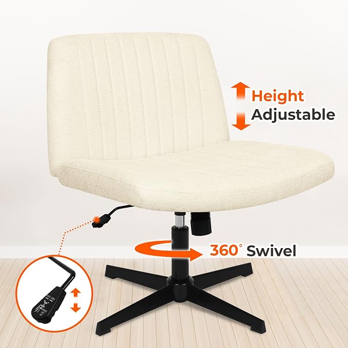 NEO CHAIR Criss Cross Chair No Wheel Vanity Desk Chair Wide Armless Cross Legged Office Comfy Makeup Adjustable Computer Task for Home Office Fabric (Beige)