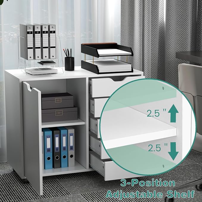 Lateral File Cabinet, 5 Drawers with Door, Adjustable Shelf, 5 Universal Wheels, Wooden Printer Stand with Storage, Modern Dresser for Bedroom Home Office, White