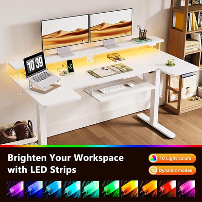 OffiGo U Shaped Electric Standing Desk with Keyboard Tray, 63 Inch Height Adjustable Desk with Power Outlets & LED Lights, Sit Stand Table with Monitor Stand for Home, Office, White