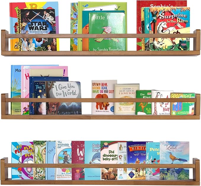 AZSKY Light Walnut Nursery Book Shelves 36 Inch Floating Wall Mounted Bookshelf Kids Room Hanging Shelves Books Storage Organizer a Set of 3