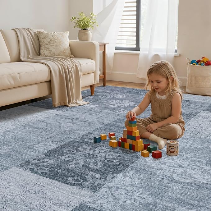 UERMEI 9x12 Area Rug for Living Room - Washable Vintage Carpet, Non-Slip Soft Large Indoor Floor Rugs for Bedroom Home Office & Under Dining Table Decor, Blue Block