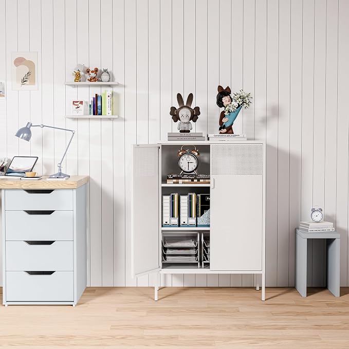 Washsemba 2 Mesh Door Metal Storage Cabinet with Adjustable Shelves, Multipurpose White Storage Cabinet, 3-Tier Office Cabinet,Metal Storage Cabinet for Office Home,Hallway (White, 47''H)