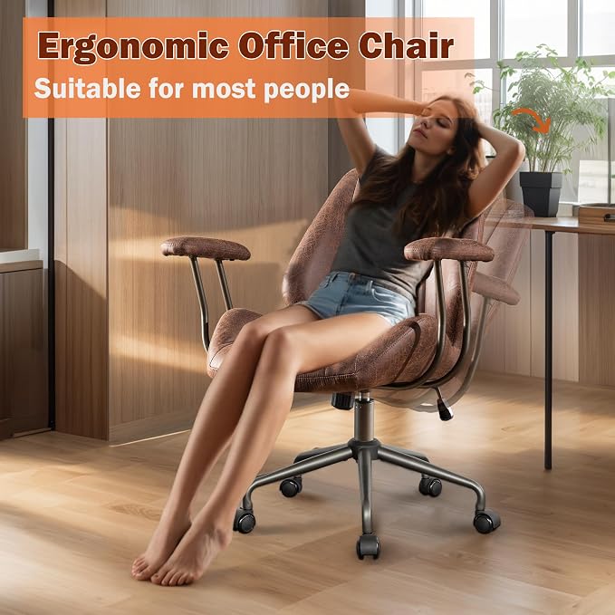 Home Office Chair,Ergonomic Computer Chair with Lumbar Support Adjustable Height,Mid-Century Modern Office Chair with Rolling Swivel Chair for Home Office Game Study(Suede Mid Back Chair,Dark Brown)