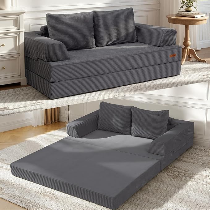 COMAX Convertible Sofa Bed, Folding Floor Couch Corduroy Fold Out Couch Bed Futon Sleeper Mattress with Pillows, Boneless Sofa Lounge Loveseat for Living Room, Grey