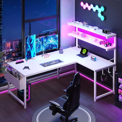 DurayLoly L Shaped Desk Computer Desk with LED Light & Power Outlet, 43.3 Inch Reversible White Desk with Shelf & Storage Bag & Hook for Home Office, White