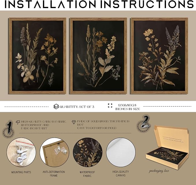Framed Dark Botanical Wall Art Set of 3, Black Moody Floral Wall Decor Paintings, Dark Academia Decor, Vintage Flower Artwork Prints Pictures for Living Room Bedroom Bathroom 16x24 Inch