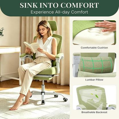 Ergonomic Office Chair with Footrest, High Back Home Desk Computer Chair with Lumbar Support & Headrest, 90-135° Reclining Mesh Back with Wheels for Work, Gaming, Green