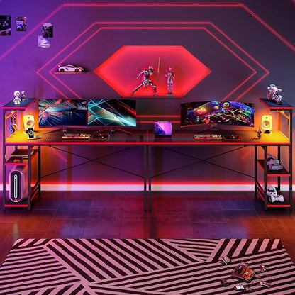 Bestier Gaming Desk with Shelves, 61 Inch Large PC Gaming Table with LED Lights, Led Gamer Desk with 4 Tiers Reversible Storage Shelves for Game & Bedroom Room (Black Grained)