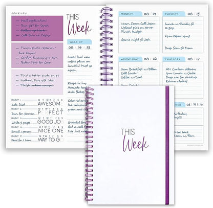 Weekly Planner Spiral Bound Notebook A5 - Undated Planner - To Do List Notebook - Habit Tracker - 52 Weeks - Daily Planner Undated for Home Work Office Business - Cute Goal Planner (Purple)