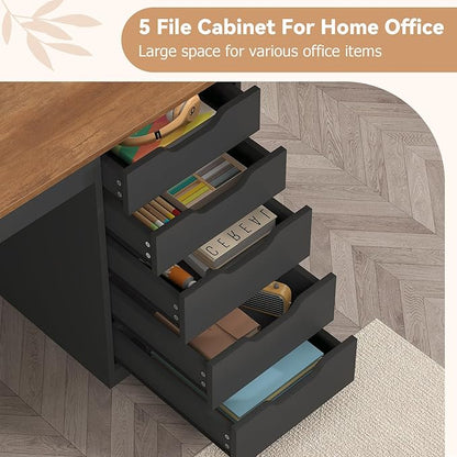 YOMILUVE 47 Inch Computer Desk with 5 Drawers and Power Outlets, Home Office Desks with Storage File Cabinet, Modern Simple Laptop Desk Writing Table for Small Spaces, Brown and Black