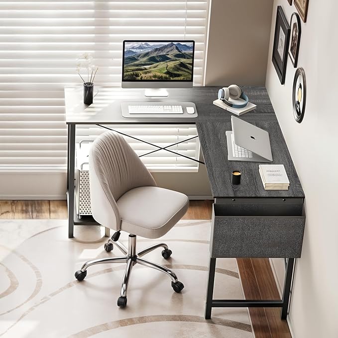 L Shaped Desk Gaming Computer 50 Inch Corner Desks Work Table for Writing Study Student with Wood Tabletop Metal Frame CPU Stand Side Bag for Home Office Small Place, Grey