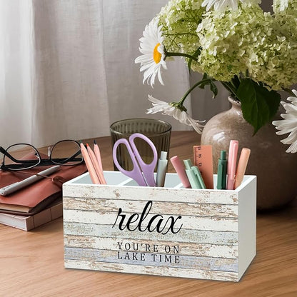 DILSJ Lake House Decor Pen Pencil Holder Organizer for Desk, Lake House Life Gifts for Women, Nautical Relax You're on Lake Time Wooden Box Signs for Home Office Desk Tabletop Decoration