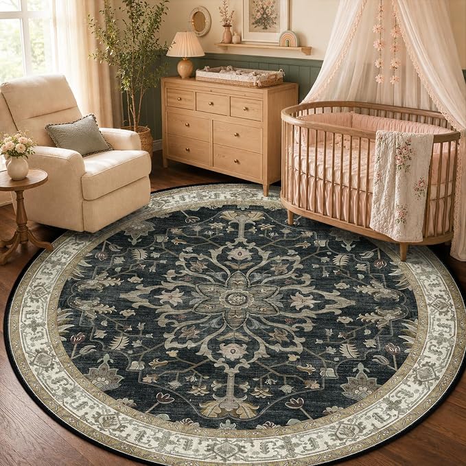 RELEANY Area Rugs Round 5ft Washable Non-Slip, Floral Vintage Distress Medallion Carpet for Living Room Bedroom Dining Room, Vintage Black Brown Neutral