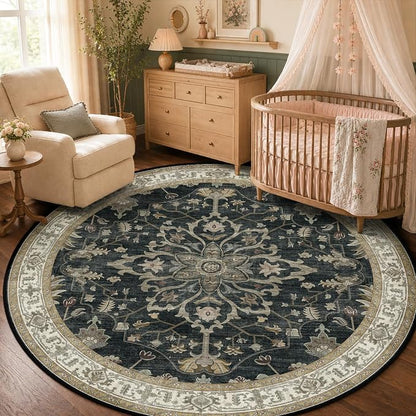 RELEANY Area Rugs Round 5ft Washable Non-Slip, Floral Vintage Distress Medallion Carpet for Living Room Bedroom Dining Room, Vintage Black Brown Neutral
