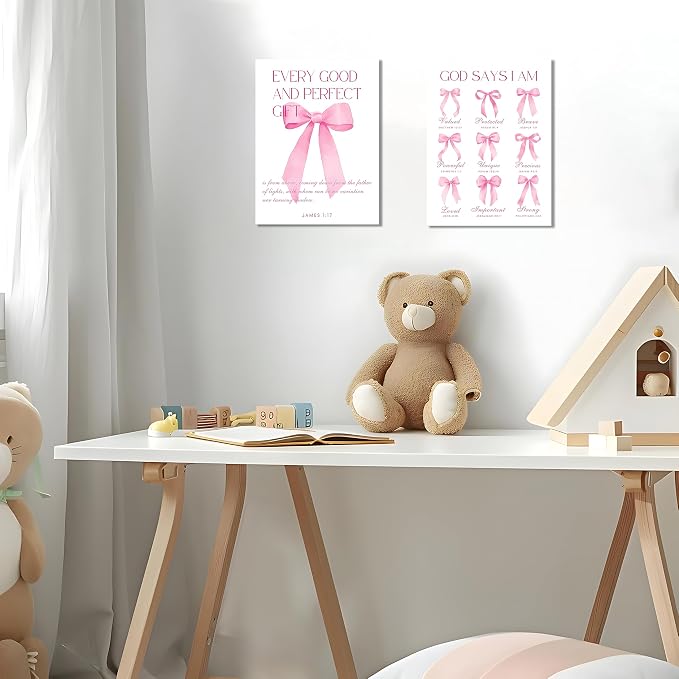 Coquette Pink Bow Wall Art Decor Canvas Posters Framed, Inspirational Bible Verses Bow Wall Decor,Room Bedroom Bathroom Decor Aesthetic for Teen Girls Gifts, 16x24 Inch Set of 3 Bow Pictures