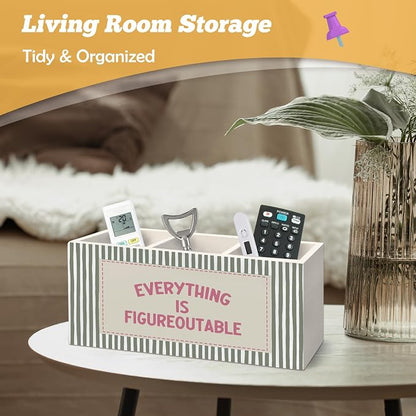 Inspirational Pen Holder Organizer for Desk Accessories, Inspirational Gifts for Women, Pink and Green Motivational Striped Wooden Box Sign Desk Decorations for Home Office Decor