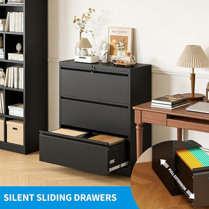 3 Drawer Lateral File Cabinet with Lock, Metal Lateral Filing Cabinet for Home Office, Steel Wide Horizontal Filing Cabinets for Letter/Legal/A4/F4 Hanging Files (Black)