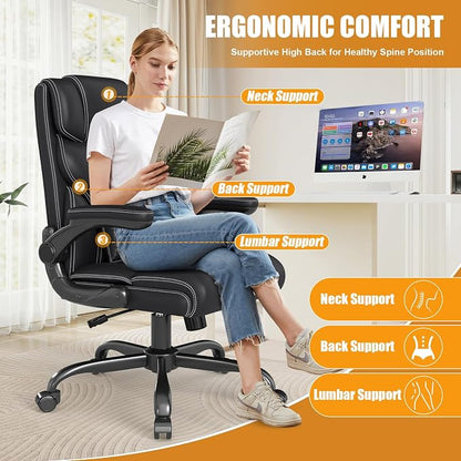 Executive Office Chair with Flip-up Armrests,Ergonomic Computer Desk Chairs,Mid-Tall Back Leather Office Chair,Lumbar Support Swivel PC Chair with Rocking Function