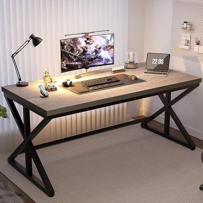 IBF 60” Grey Computer Office Desk, Modern Large Gray Office Desk for Home, Industrial Long Wood Metal Pc Work Writing Desks, Farmhouse Simple Study Executive Computer Table with Storage, Light Grey