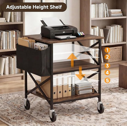 Large Printer Stand with Storage Bag, Rolling Printer Cart with Power Outlet, 3 Tier with Height Adjustable Storage Shelf, 23.6 x 23.6 Inches Printer Table for Home Office