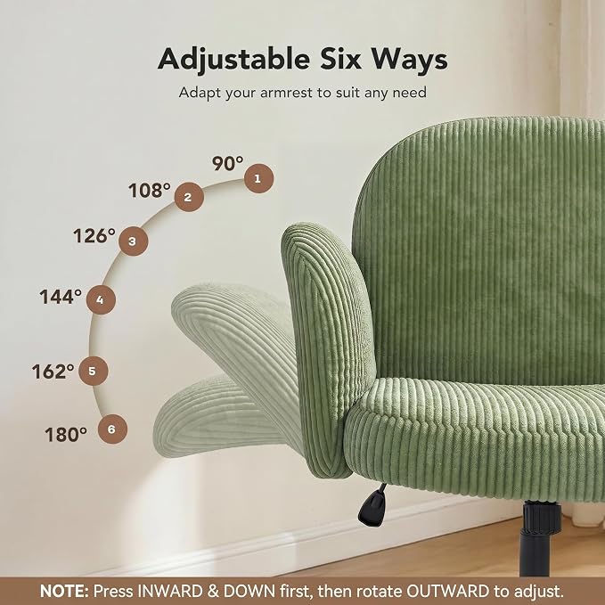 HUANUO Criss Cross Office Chair for Women, Cross Legged Desk Chair with Adjustable Armrests, Soft Corduroy Fabric for Small Spaces, Petite Home Office Computer Chair for Girls, Light Green